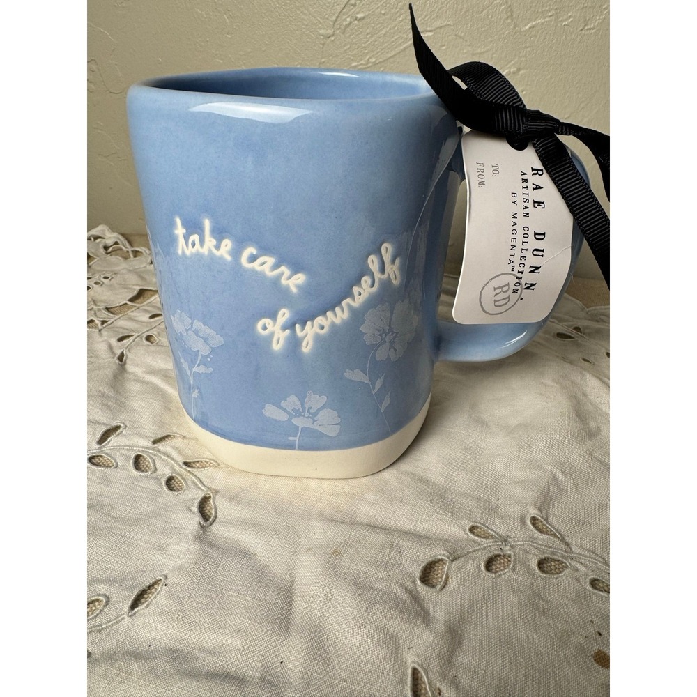 Rae Dunn baby blue mug TAKE CARE OF YOURSELF white flowers